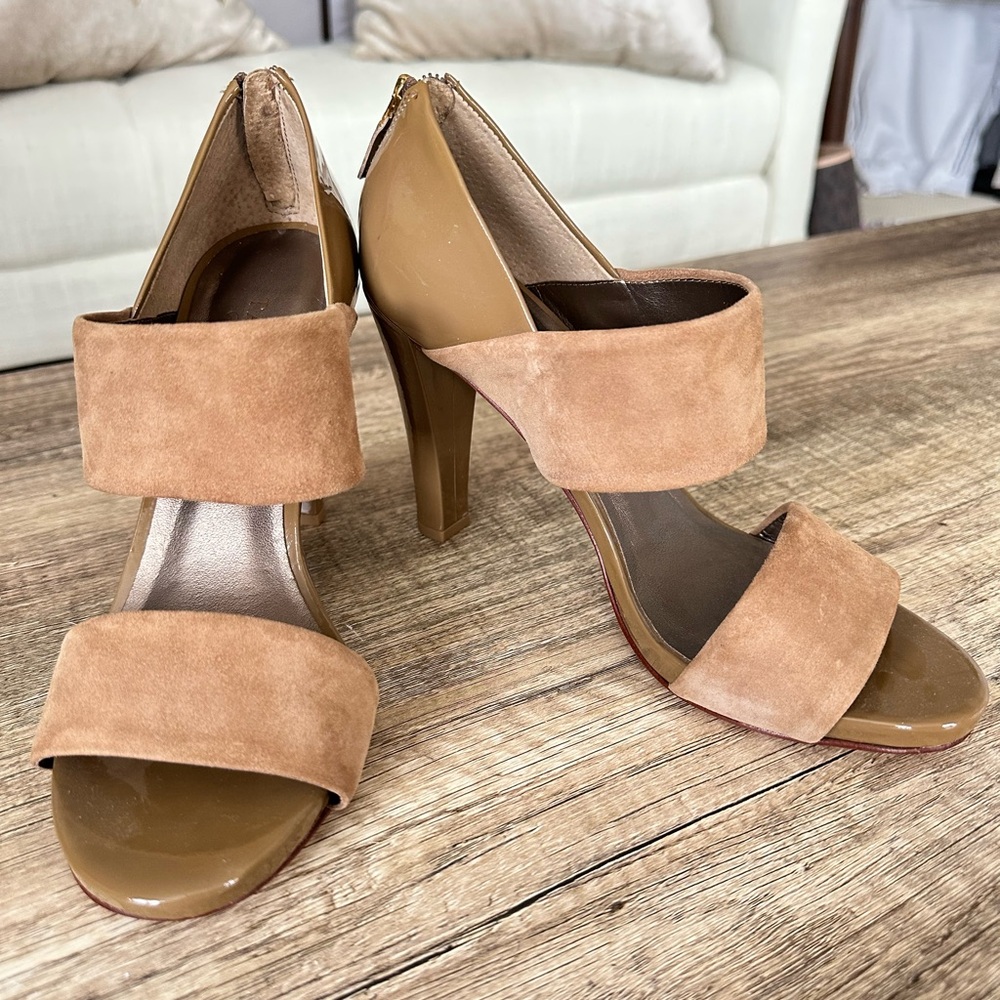 Elegant Tan and Grey High Heel Sandals
